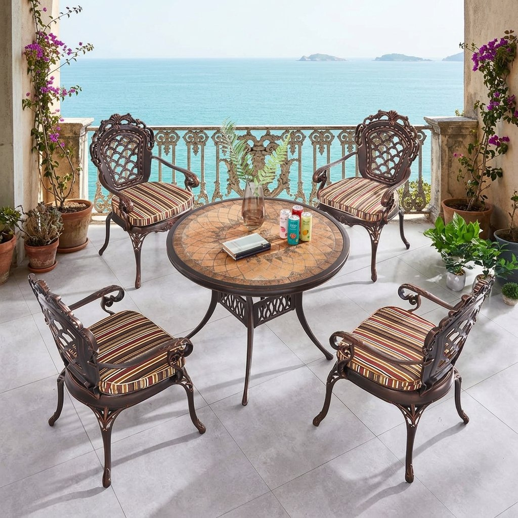 Bộ bàn ghế sân vườn nhôm đúc 5 món, mặt bàn mosaic, nệm sọc, đặt ngoài ban công view biển sang trọng