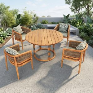 Bộ bàn ghế sân vườn gỗ teak dây rope 5 món ngoài trời, phối cảnh sân vườn đẹp