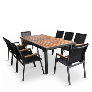 Bộ bàn ghế sân vườn 8 ghế khung nhôm mặt gỗ teak hiện đại