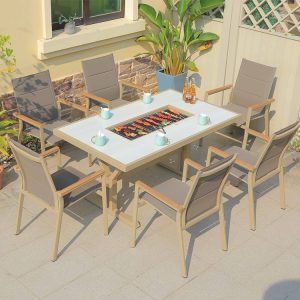 Bộ bàn ghế sân vườn 7 món khung nhôm, ghế textilene hiện đại, bàn tích hợp bếp nướng BBQ