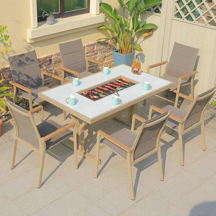 Bộ bàn ghế sân vườn 7 món khung nhôm, ghế textilene hiện đại, bàn tích hợp bếp nướng BBQ
