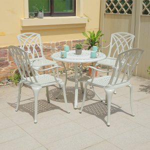 Bộ bàn ghế sân vườn nhôm đúc 5 món màu trắng kem, thiết kế hoa văn hiện đại