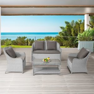 Bộ sofa sân vườn 4 món nhựa giả mây màu xám, gồm sofa đôi, 2 ghế đơn và bàn kính, phù hợp ban công, sân vườn