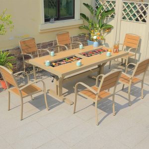 Bộ bàn ghế sân vườn 7 món khung nhôm, mặt bàn tích hợp bếp nướng BBQ ngoài trời hiện đại