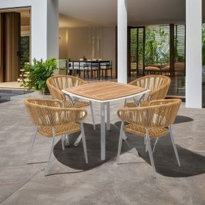 Bộ bàn ghế sân vườn 4 ghế 1 bàn mặt gỗ, dây đan ngoài trời, khung nhôm hiện đại