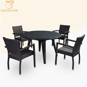 Bộ bàn ghế sân vườn nhựa giả mây 5 món, bàn tròn mặt kính, 4 ghế có tay vịn