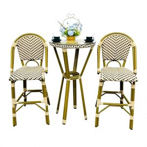 Bộ bàn ghế bar ngoài trời giả mây màu vàng tre phối trắng đen, phong cách Pháp, phù hợp quán cà phê sân vườn