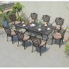 Bộ bàn ghế sân vườn nhôm đúc 8 ghế tựa hoa văn, nệm sọc nhiều màu sang trọng ngoài trời