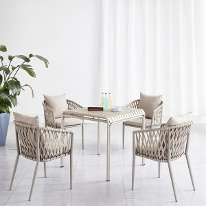 Bộ bàn ghế sân vườn 5 món khung nhôm đan dây rope hiện đại, nệm màu be sang trọng