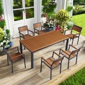 Bộ bàn ghế ăn ngoài trời 7 món khung nhôm mặt nhựa giả gỗ, đặt sân vườn sang trọng