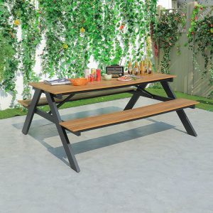 Bộ bàn ghế picnic ngoài trời khung nhôm mặt gỗ, phù hợp sân vườn hiện đại
