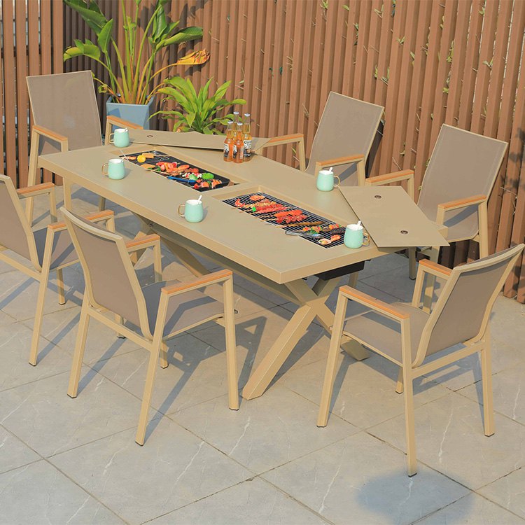 Bộ bàn ghế sân vườn nhôm 6 ghế textilene kèm bàn tích hợp bếp nướng BBQ hiện đại ngoài trời