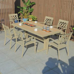 Bộ bàn ghế sân vườn nhôm 7 món có bếp nướng BBQ ngoài trời, màu vàng cát hiện đại