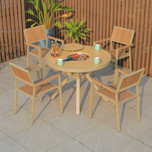 Bộ bàn ghế sân vườn nhôm 4 ghế nan gỗ, bàn tròn tích hợp bếp nướng BBQ ngoài trời