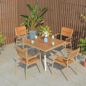 Bộ bàn ghế sân vườn nhôm nhựa giả gỗ 4 ghế 1 bàn vuông, phong cách hiện đại ngoài trời