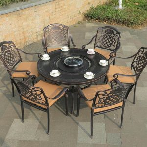 Bộ bàn ghế sân vườn nhôm đúc 6 ghế 1 bàn tròn có nệm, phong cách tân cổ điển
