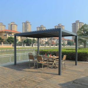 Bộ pergola nhôm ngoài trời hiện đại kèm bàn ghế ăn 6 chỗ, lắp đặt cạnh hồ nước sang trọng