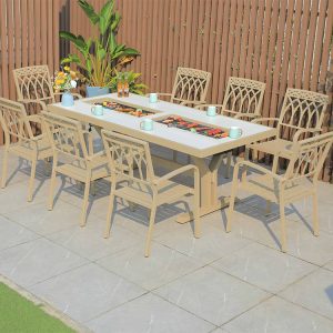 Bộ bàn ghế sân vườn nhôm đúc 8 ghế lưng hoa văn, bàn tích hợp bếp nướng BBQ ngoài trời