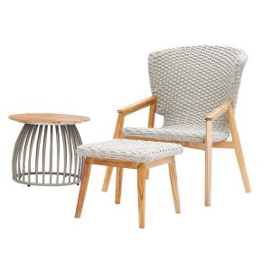 Bộ ghế thư giãn ngoài trời gỗ teak đan dây rope kèm bàn tròn mặt gỗ, phong cách hiện đại