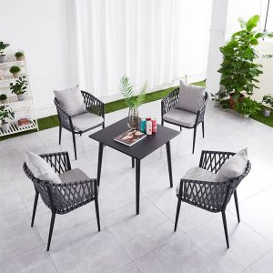 Bộ bàn ghế ăn ngoài trời 4 ghế dây rope, nệm ghi, phong cách hiện đại