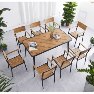 Bộ bàn ghế sân vườn 7 món khung nhôm mặt nhựa giả gỗ, phù hợp ngoài trời