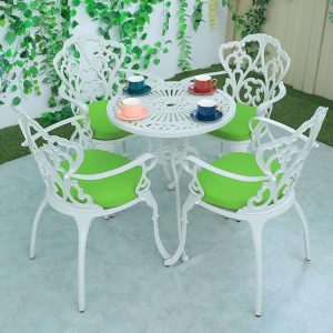 Bộ bàn ghế sân vườn nhôm đúc 5 món, nệm xanh lá, phong cách tân cổ điển