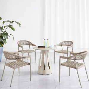 Bộ bàn ghế sân vườn 4 ghế dây rope, khung nhôm, màu be hiện đại