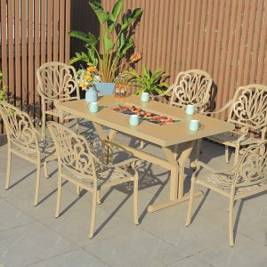 Bộ bàn ghế ăn ngoài trời nhôm đúc 6 ghế lưng hoa văn sang trọng, bàn chữ nhật, phù hợp sân vườn