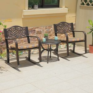 Bộ bàn ghế sân vườn nhôm đúc 3 món, ghế bập bênh, nệm sọc vàng-nâu, bàn tròn nhỏ