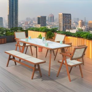 Bộ bàn ghế ăn ngoài trời nhôm giả gỗ mặt kính, gồm 1 bàn, 1 băng dài và 4 ghế đơn, phù hợp sân vườn, ban công