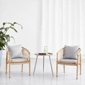 Bộ bàn ghế sân vườn 3 món khung nhôm, dây rope, nệm ghi hiện đại