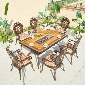 Bộ bàn ghế sân vườn nhôm đúc 7 món tân cổ điển, mặt bàn tích hợp bếp nướng BBQ, nệm sọc nhiều màu
