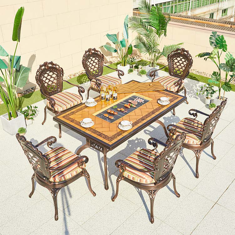 Bộ bàn ghế sân vườn nhôm đúc 7 món tân cổ điển, mặt bàn tích hợp bếp nướng BBQ, nệm sọc nhiều màu