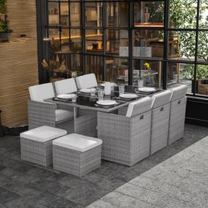 Bộ bàn ghế ăn ngoài trời nhựa giả mây màu xám, bàn kính, 8 chỗ ngồi, phù hợp sân vườn, nhà hàng