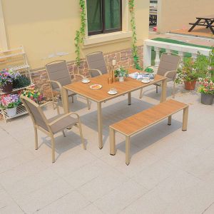 Bộ bàn ghế sân vườn 6 món khung nhôm mặt gỗ nhựa, gồm 4 ghế đơn và 1 ghế băng dài, phong cách hiện đại