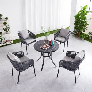 Bộ bàn ghế sân vườn 4 ghế dây rope, nệm ghi, phong cách hiện đại