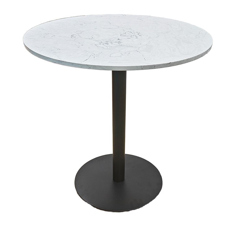 Bàn tròn mặt đá nhân tạo vân marble trắng, chân sắt sơn tĩnh điện đen hiện đại ngoài trời