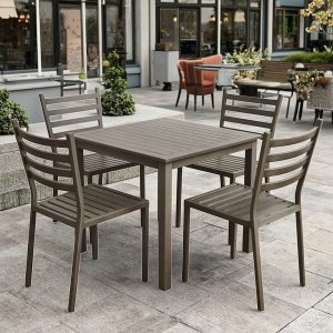 Bộ bàn ghế sân vườn nhôm 5 món hiện đại đặt ngoài trời, phù hợp quán cafe, sân vườn