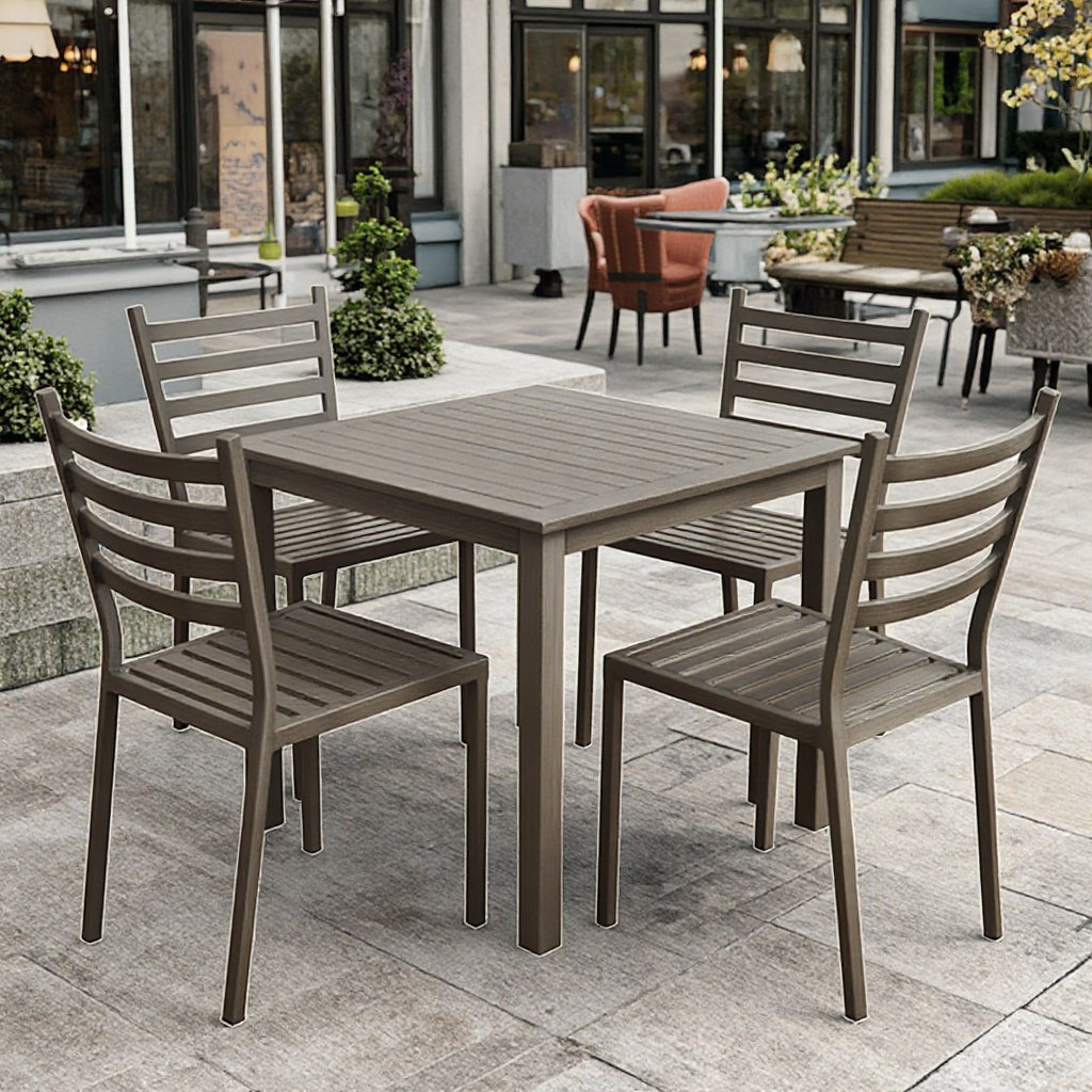 Bộ bàn ghế sân vườn nhôm 5 món hiện đại đặt ngoài trời, phù hợp quán cafe, sân vườn