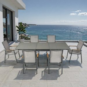 Bộ bàn ghế ăn ngoài trời nhôm kính 6 ghế 1 bàn, phong cách hiện đại, view biển sang trọng
