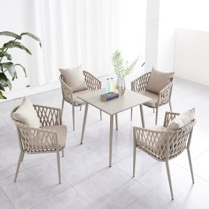 Bộ bàn ghế sân vườn nhôm đan dây rope màu be, 4 ghế 1 bàn vuông, kèm nệm tựa êm ái