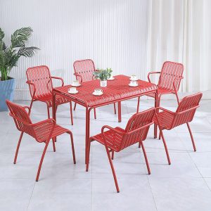 Bộ bàn ghế ăn ngoài trời nhôm sơn tĩnh điện màu đỏ, 1 bàn chữ nhật và 6 ghế đơn, phong cách hiện đại