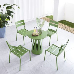 Bộ bàn ghế sân vườn nhôm sơn tĩnh điện màu xanh lá, 4 ghế 1 bàn tròn, phong cách hiện đại