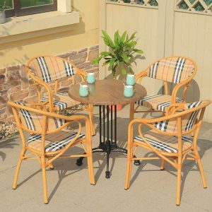 Bộ bàn ghế sân vườn 4 ghế 1 bàn tròn, khung nhôm giả mây, họa tiết caro sang trọng