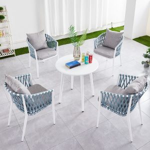 Bộ bàn ghế sân vườn 5 món khung nhôm, dây rope xanh ghi, nệm ghi xám, phong cách hiện đại