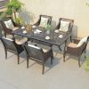 Bộ bàn ghế sân vườn nhôm đúc 7 món, bàn chữ nhật, nệm kem, gối tựa hoa lá