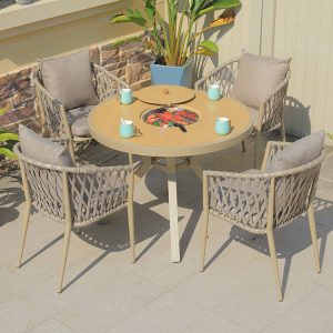 Bộ bàn ghế sân vườn 4 ghế dây đan có nệm, bàn tròn tích hợp bếp nướng BBQ ngoài trời