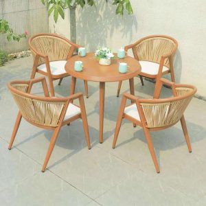 Bộ bàn ghế cafe sân vườn nhôm dây rope lưng tròn màu nâu, bàn tròn, có nệm ngồi