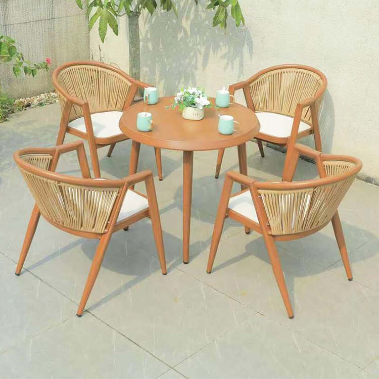 Bộ bàn ghế cafe sân vườn nhôm dây rope lưng tròn màu nâu, bàn tròn, có nệm ngồi