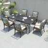 Bộ bàn ghế sân vườn 6 ghế, nệm kem, gối sọc xanh trắng, phù hợp ngoài trời